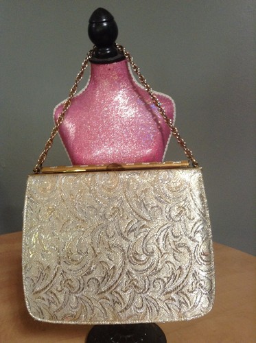 Vintage 60s Nicholas Reich Brocade Gold Silver Purse Handbag Chain Handle Retro - Picture 2 of 12