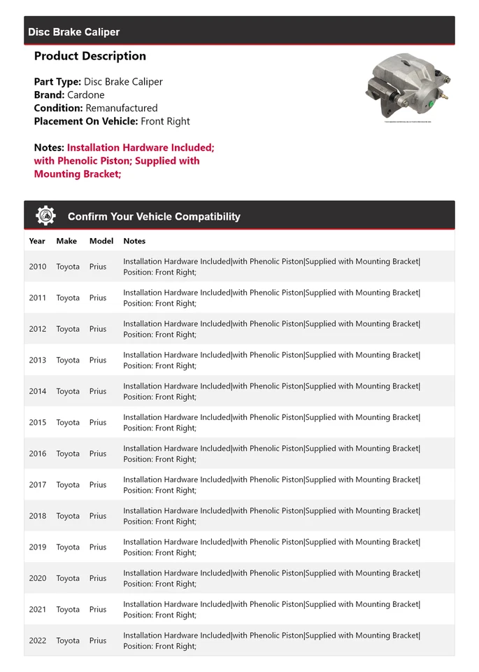 Pinza de freno de disco delantera derecha cardone 2011 2012 2013 para Toyota Prius 2010-2022 Foto 2 de 4