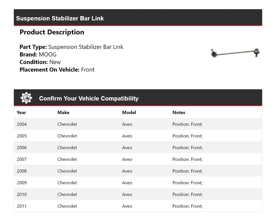 For 2004-2011 Chevrolet Aveo Suspension Stabilizer Bar Link Front MOOG 2004 2005 - Image 2 of 4