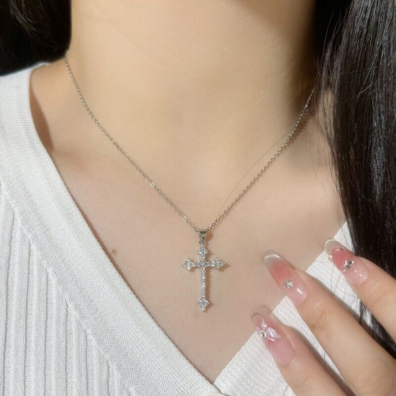 Silver Cross Necklace for Women,Cubic Zirconia CZ Faith