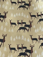 VTG CHRISTMAS WRAPPING PAPER GIFT WRAP REINDEER & TREES ON GOLD ROLLED SHEET