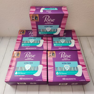 5× Poise Ultra Thin Pads, #3 Light Regular, 48 Pads Per Box, Total 240 Pads 