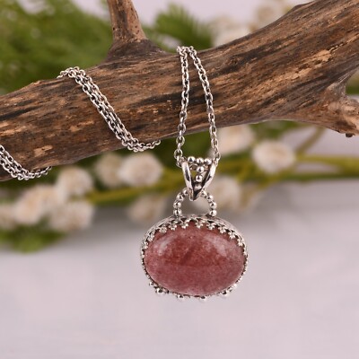 Oval Cut Strawberry Quartz Sterling Silver Pendant With Chain Necklace Jewelry