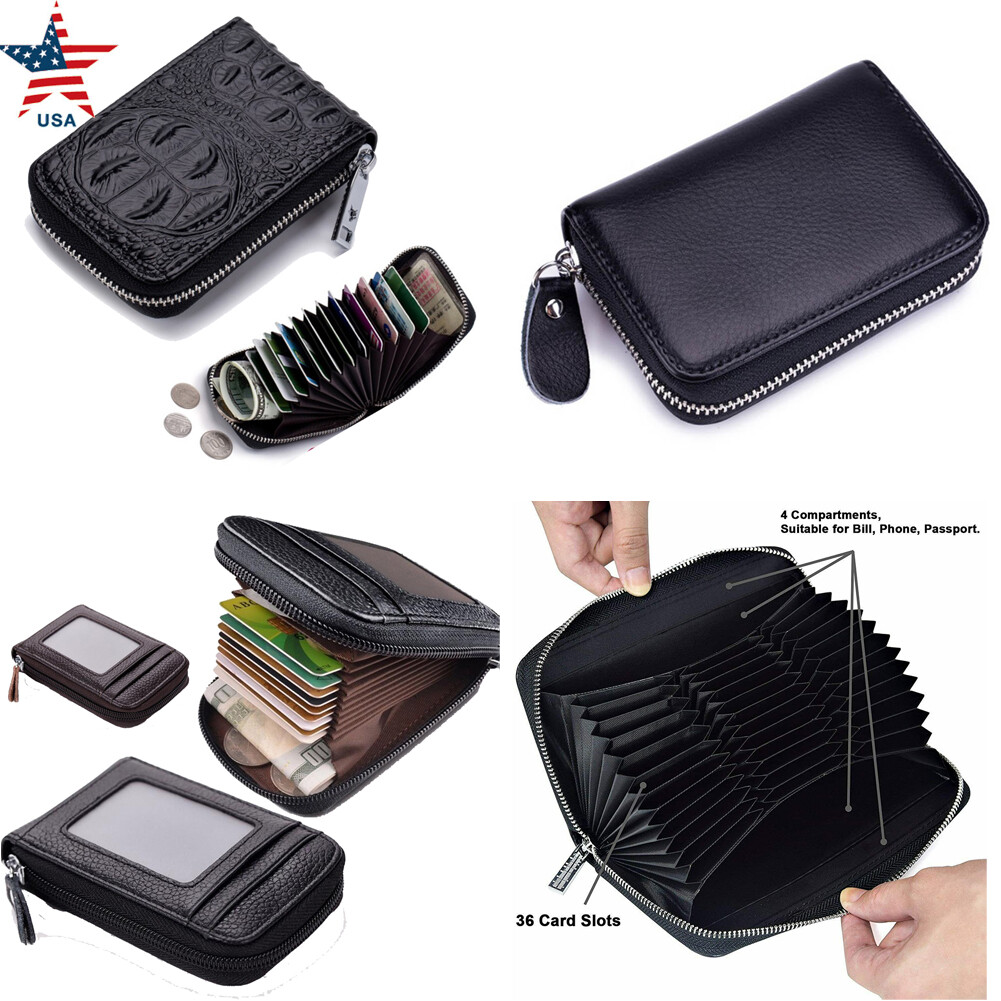 Men Genuine Leather RFID Blocking Wallet ID Credit Card Holder Zipper