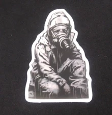 Man Wearing Gas Mask Banksy Style Graffiti Art Sticker 2.5" x 1.58" (AL)