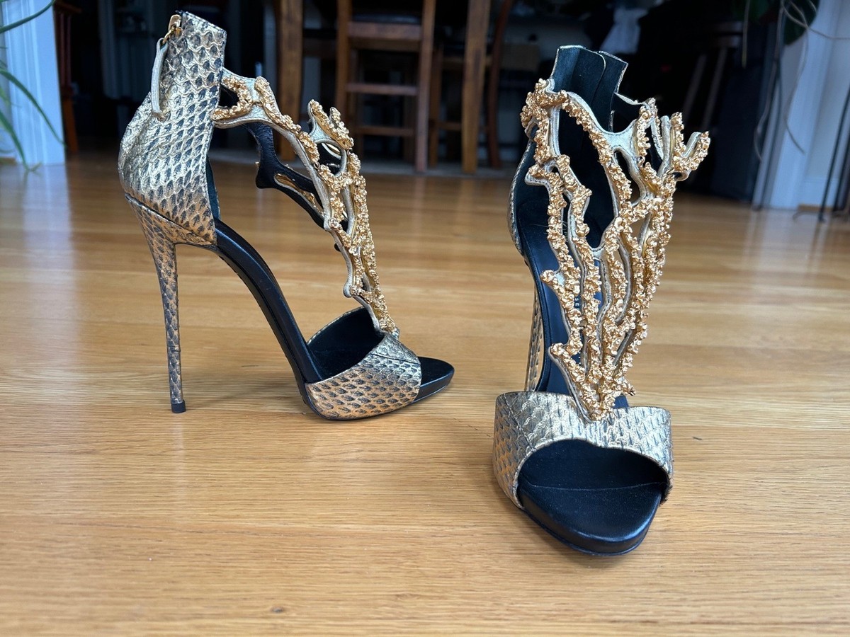 GIUSEPPE ZANOTTI Gold Coral Branch Python Leather Pumps SZ 8 IT 38