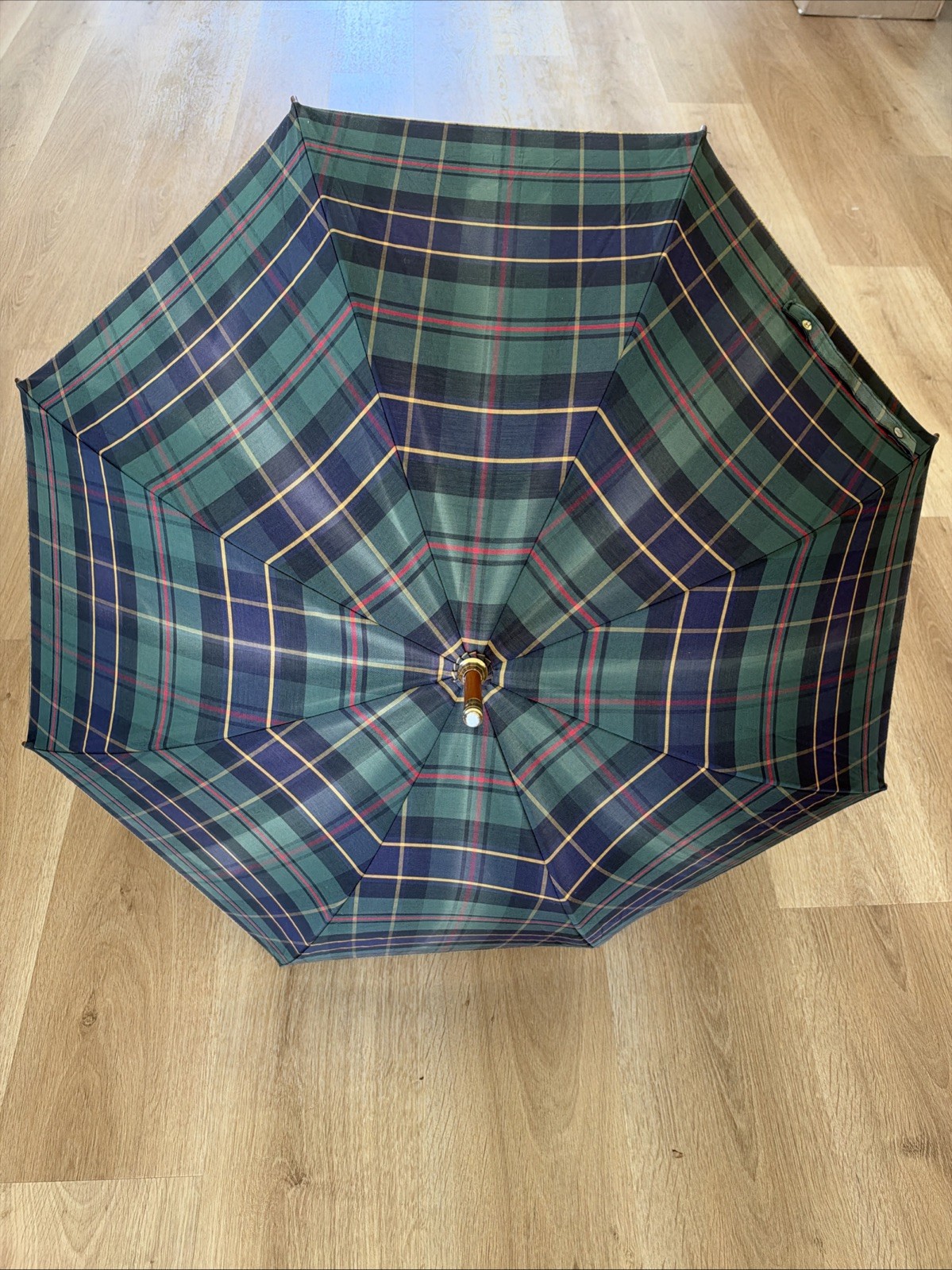 Vintage 90s Polo Ralph Lauren Tartan Plaid Umbrella Wood Shaft J-Handle Logo