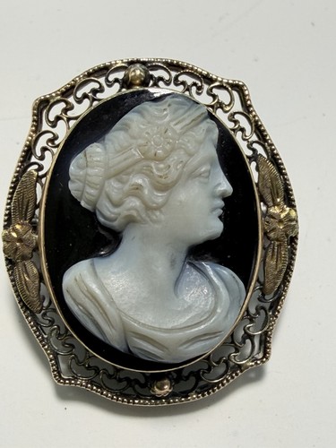 Antique Cameo Brooch Pendant - Black Onyx, 10k Gold 4g