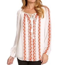 Karen Kane Embroidered Tunic Top w/Ties Off White/Orange - MSRP $118