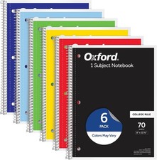 Oxford Spiral Notebook 6 Pack, 1 Subject, College Ruled Paper, 8 x 10-1/2 Inch.