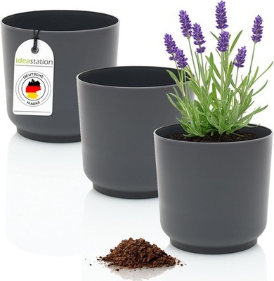 Sati Blumentopf Set 3 x 13 cm - anthrazit - bruchsichere Blumentöpfe aus 