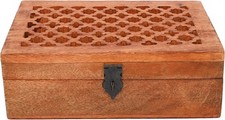 Mango Wood Decorative Wooden Box W/ Hinged Lid in Jali Carvings Used as Storage