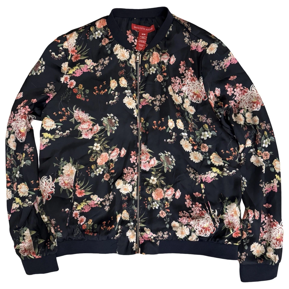 Chaqueta Bomber Floral Saks Fifth Avenue Para Mujer Mediana Azul Marino Rosa Flores Hada Foto 2 de 4