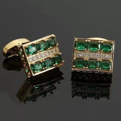 3CT Emerald Lab Created Emerald Diamond Men's Cufflinks 14K Yellow Gold Plated