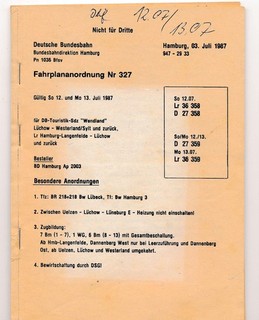 Timetable arrangement No. 327 for DB Tourism Special Train "Wendland" from 03. 07. 1987