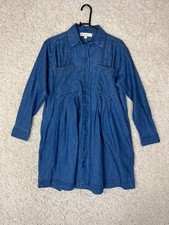 Loft Shirt Dress Womens Small Blue Chambray Long Sleeve Pleated Pockets NWT