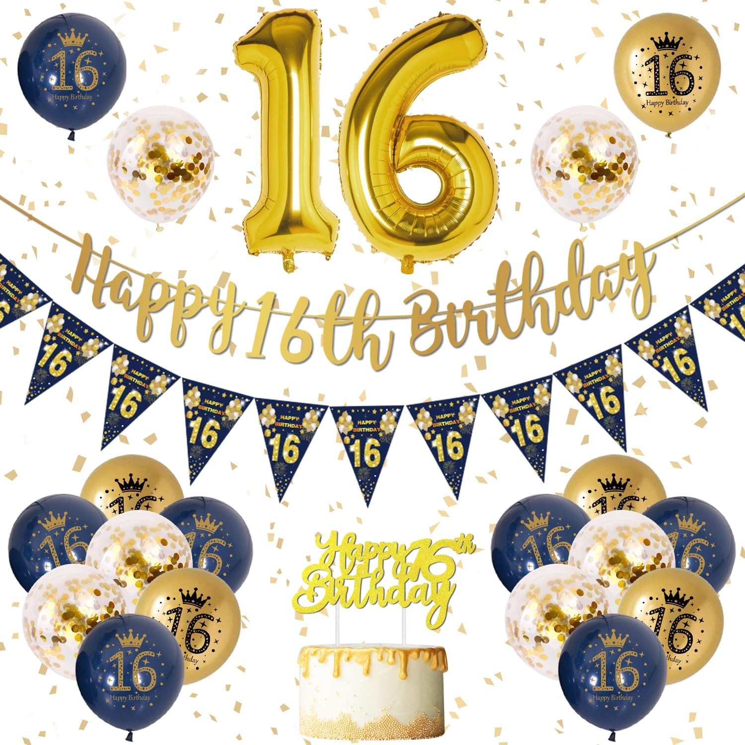 16th Birthday Decorations for Boys - Blue and Gold Banner, Latex and Confetti B