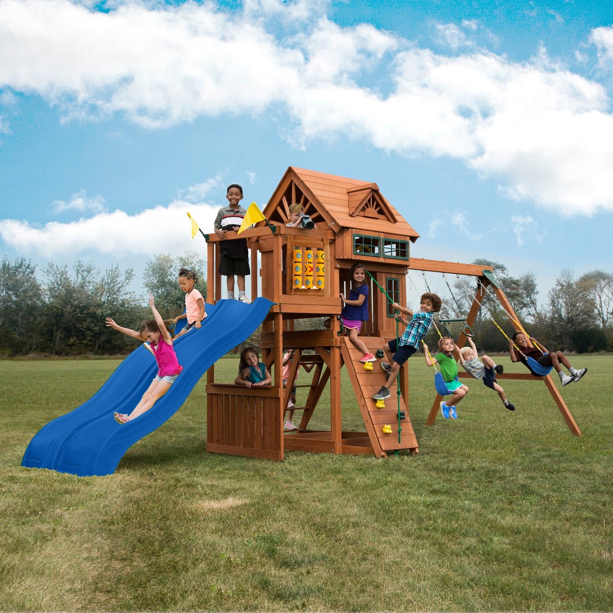 WOODEN SWING-SET PLAYGROUND SET W/ 2 WAVE SLIDES ROCK WALL TIC TAC