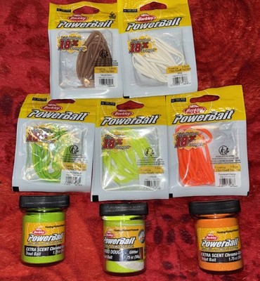 BERKLEY POWERBAIT TROUT FISHING LOT! (5) Floating Trout Worms & (3) Trout Dough 