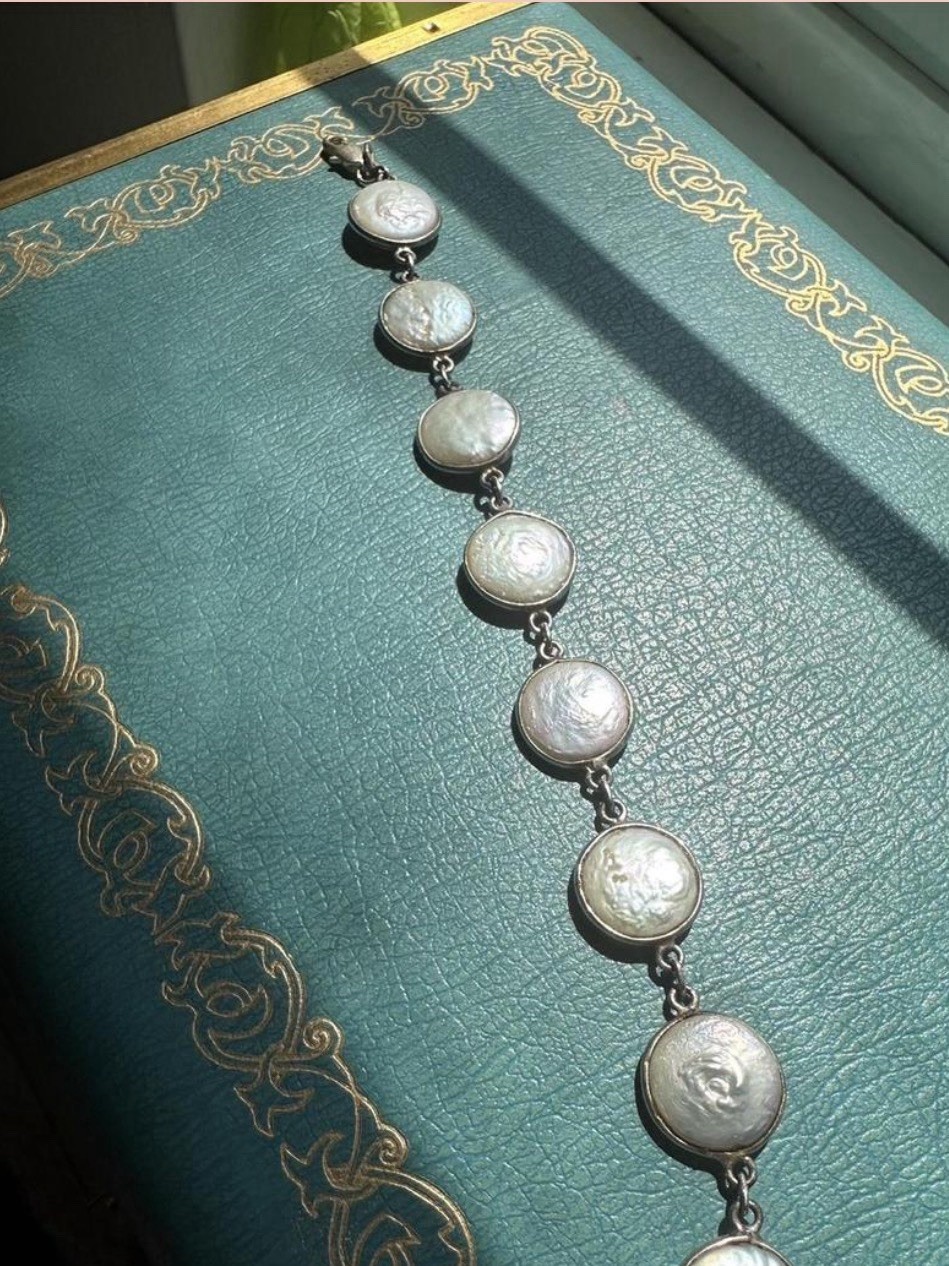 Vintage 925 Sterling Silver Bezel Set Coin Pearl Link Bracelet Double Sided