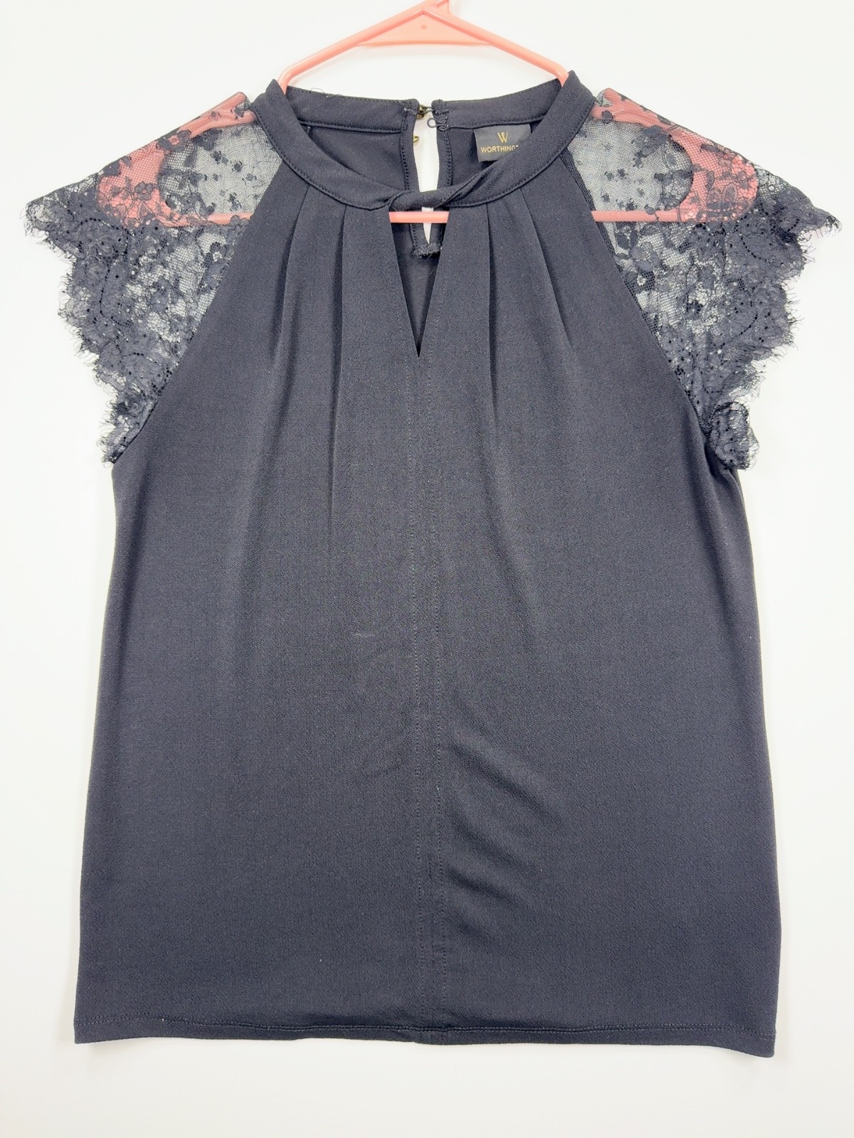 Worthington Women's Blouse XS Black Lace Cap Sleeve Keyhole Pleated