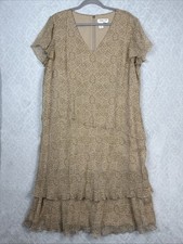 Coldwater Creek 100% Silk Midi Dress 18 Tan Brown Floral Feminine Cottage Boho