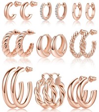 Rose Gold Hoop Earrings Set for Girls Trendy 14K Plated Gold Hoops Small Chun...