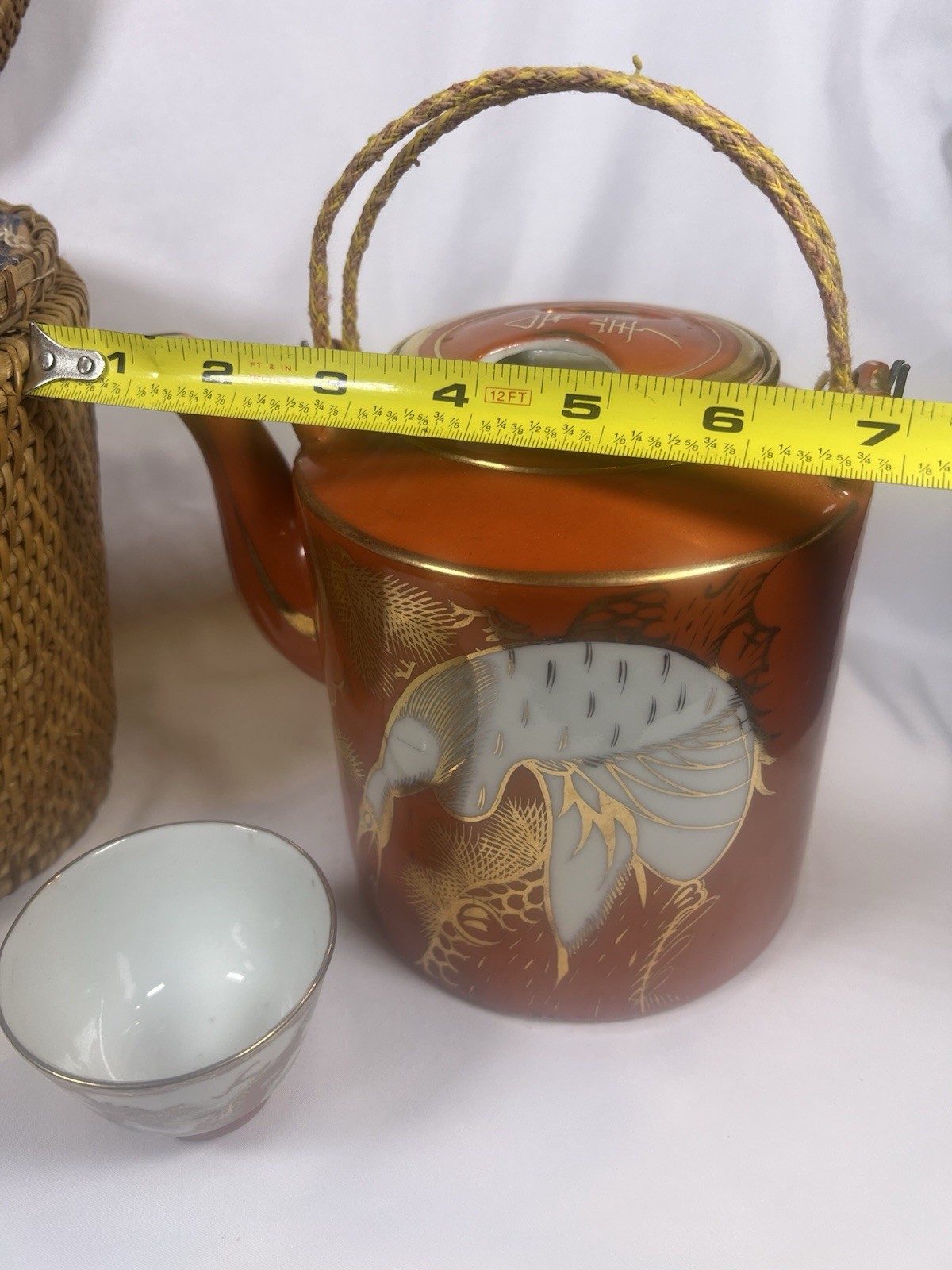 ATQ VTG Chinese Porcelain Jingdezhen Gild Crowned Crane Sand Red Glaze Tea Set