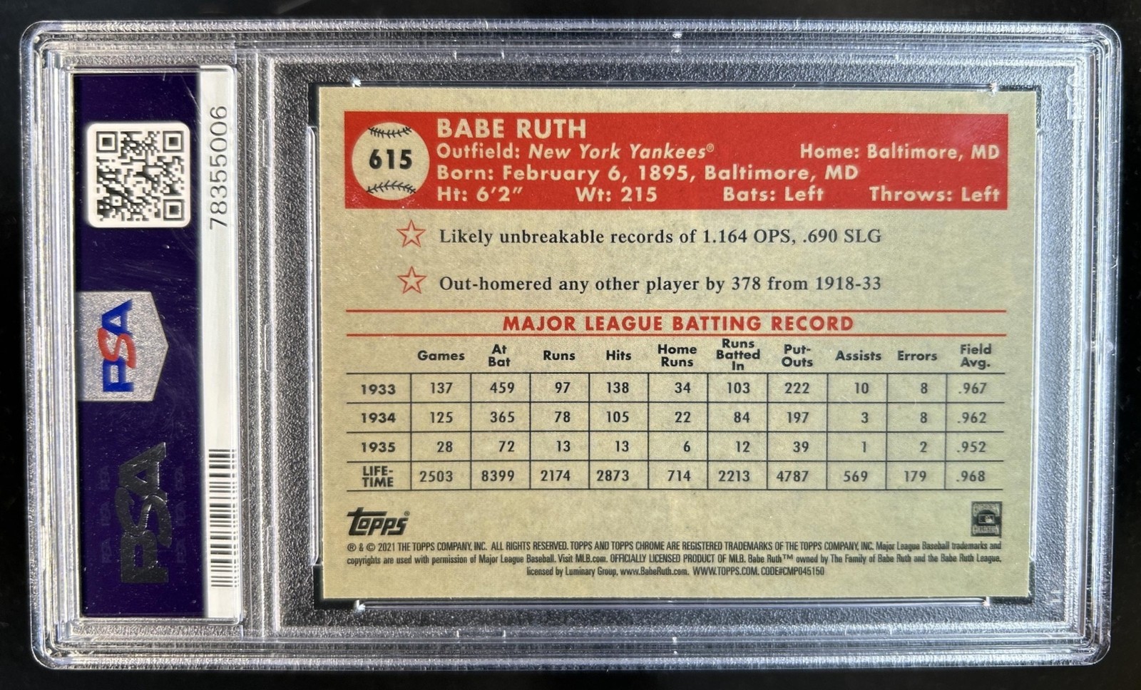 2021 Topps Chrome Platinum Babe Ruth #615 New York Yankees PSA 10 GEM MINT view 2
