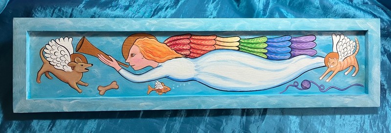 Angel Dog Cat in Pet Heaven Original Painting  Thin Wood Plaque for Over Door