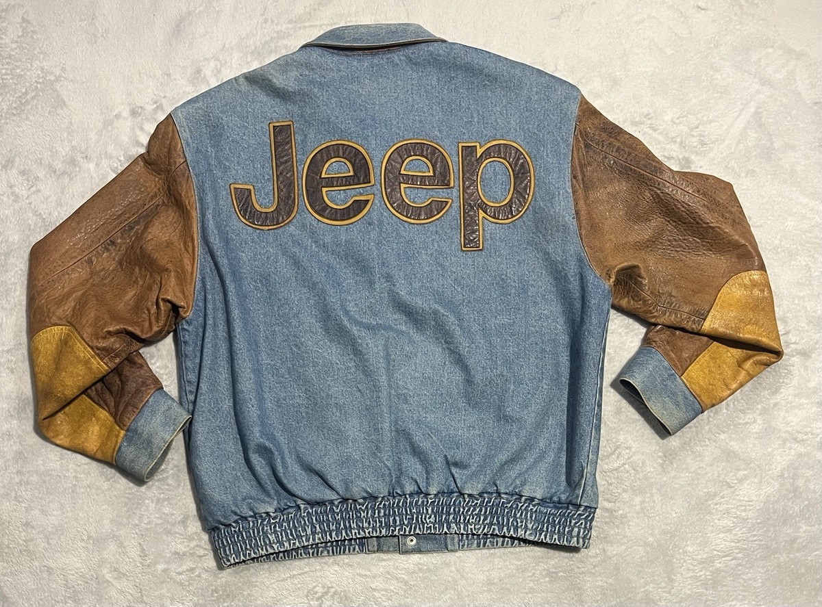 Vtg Jeff Hamilton Jeep Jacket Mens XL Leather Denim Satin Lined 