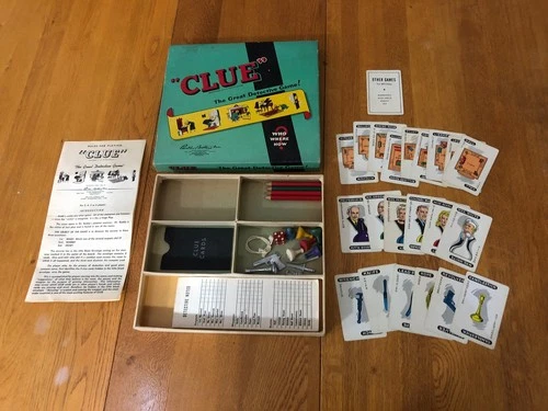VINTAGE 1950 CLUE THE GREAT DETECTIVE GAME! PARKER BROS USA NO BOARD