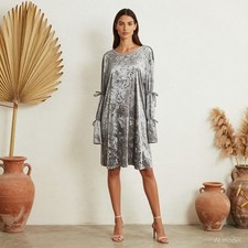 Plus Size Lagenlook Midi Dress Grey Silver Velvet Shift Long Sleeve Party XL