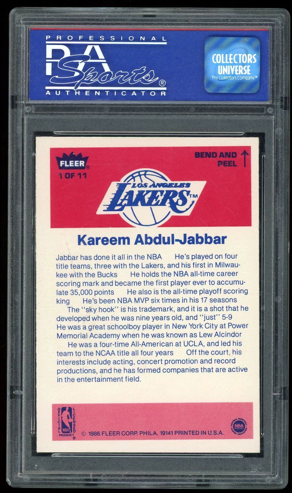 Kareem Abdul-Jabbar 1986 Fleer Sticker 1 PSA 8 (ST) LAKERS HOF view 2