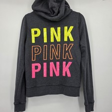 PINK Victoria's Secret Gray Neon Dog Logo Sequin Bling Full Zip Hoodie Medium
