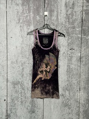 Rich & Royal Fairy Rhinestone Tank Top Y2K Ed Hardy Style Sleeveless Size M