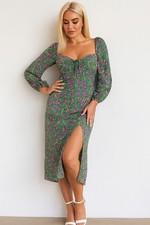 Shein Green Floral Long Sleeve Midi Dress Sweetheart Neckline High Slit Large 