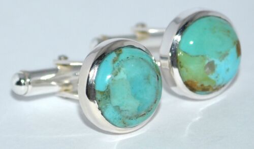 Stunning Turquoise Cufflinks Round Cuffs Authentic Gemstone Sterling 925 SILVER - Picture 1 of 7