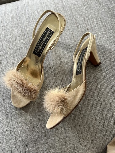 Andrew Geller Italien Fell/Wildleder Pfennigabsatz Fersenriemen Sandalen US 8/9 AA schmal - Bild 1 von 7