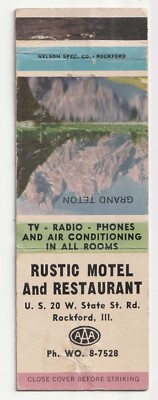 c1950s~Rockford Illinois IL~Rustic Motel & Restaurant~US 20~Vtg Matchbook Cover