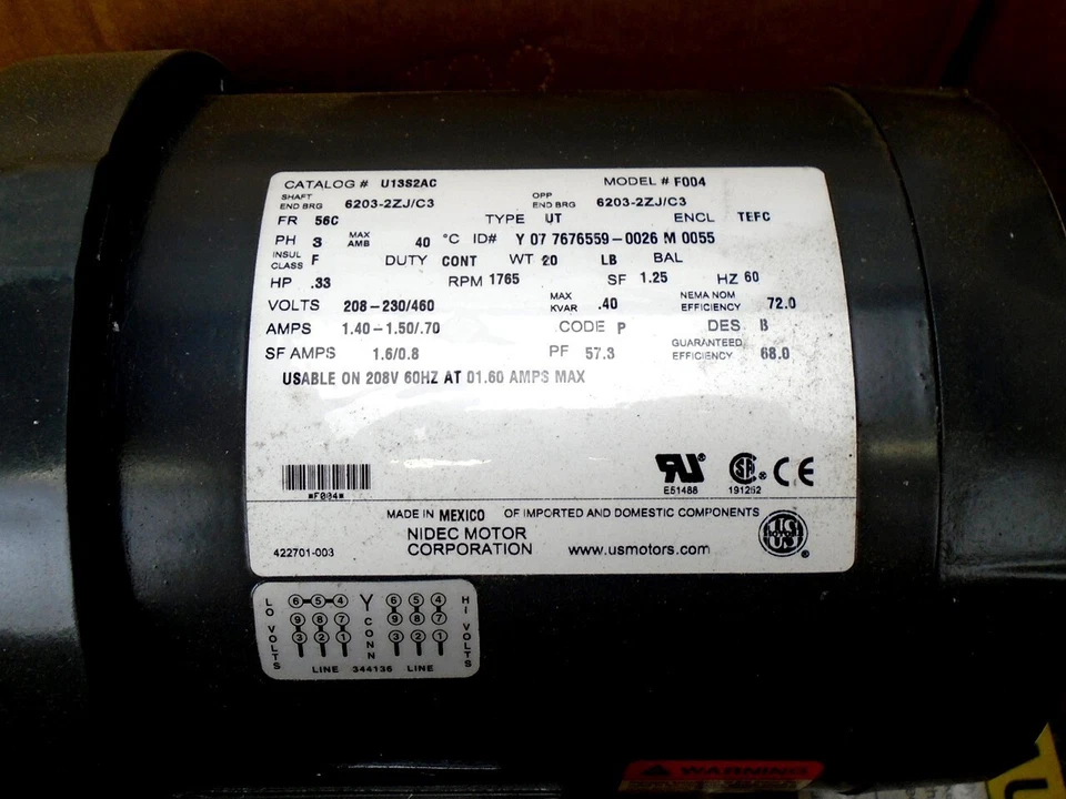 NIDEC - US MOTORS - PN: U13S2AC - 1/3-HP, 1765 RPM - 56C - F004 - (NEW in BOX) - Image 4 of 4