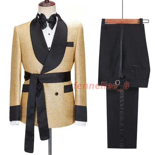 OFF WHITE 2 pezzi blazer uomo collo scialle cappotto cintura abiti cena pantaloni smoking matrimonio