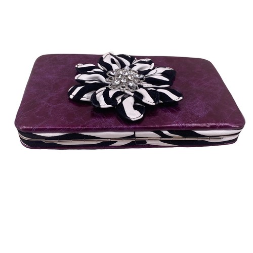 Wallet Clutch Purple w/Zebra Stripes Snap Closure Purse Rhinestones Flower - Picture 4 of 10