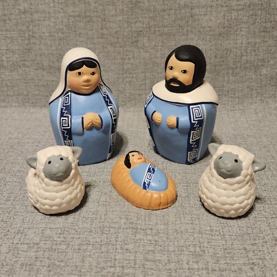 Peru Terra Cotta Clay Pottery Peruvian Folk Art Nativity Set of 5 Blue 