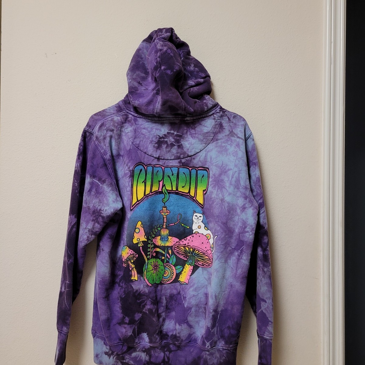 RIPNDIP Mens Sz S Psychedelic Cat Mushroom Purple Tie Dye Hoodie