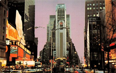 New York City Manhattan Times Square 1950s Downtown Night View Vtg Postcard G44