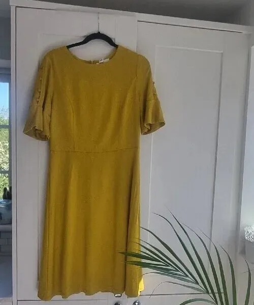 Boden Alexis Mustard Jersey Dress Fit Flare Bell Sleeve Size 14