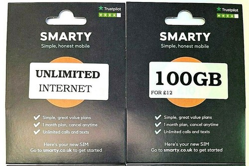 100GB/£12 ,£20/UNLI DATA Latest Smarty Mobile Unlimited Data Calls Texts SIMCARD - Afbeelding 1 van 8