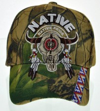 NEW NATIVE PRIDE INDIAN AMERICAN SIDE BULL SKULL FEATHERS CAP HAT CAMO