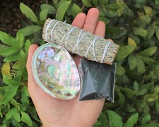 Sage Smudge Kit: Blue Sage, Mini Abalone Shell, Black Salt & Smudging Directions